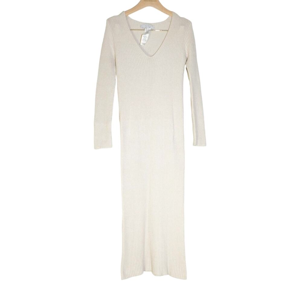 Kaos - Long Sleeve V-Neck Midi Knit Sweater Dress in Light Beige / Size S